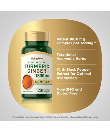 Piping Rock Turmeric and Ginger Supplement 1800mg | 120 Softgel Capsules | with Black Pepper Extract | Herbal Extract Complex | Non-GMO Gluten Free - Buy Online on GoSupps.com