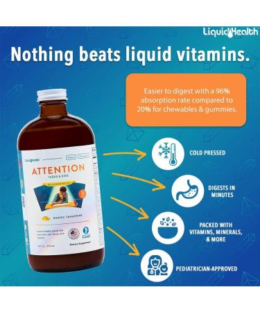 LIQUIDHEALTH 16 Oz Attention Calm Kids Children Teens Liquid Multivitamin Focus Memory Supplement Concentration Vitamins Support Vegan Sugar-Free Mango Tangerine - 16 Fl Oz (Pack of 1) - Buy Online on GoSupps.com