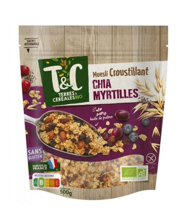 Terres Et C r ales - Muesli Croustillant Bio l'Avoine Myrtilles et Chia - Sachet de 500g - Un D licieux Petit D jeuner Bio pour vos Matins Pleins d' nergie ! - Le Lot De 3