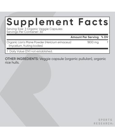 Sports Research Organic Lion's Mane Mushroom Supplement 1800mg - Brain Health Focus & Cognitive Supports - USDA Certified Organic Non-GMO Vegan - 90 Count Capsules - Buy Online on GoSupps.com