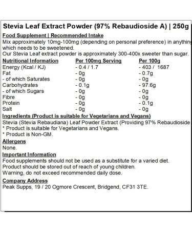 Stevia Leaf Extract Powder | 97% Rebaudioside A | Natural PLant Based Sweetener | Steviosides (250g) 250.00 g (Pack of 1) - Buy Online on GoSupps.com