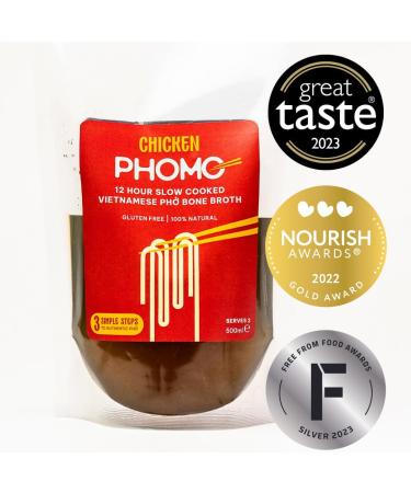 Authentic Chicken Pho Bone Broth | Slow-Simmered 12-Hour Vietnamese Recipe | 100% Natural Ingredients | No MSG/Preservatives | Gluten/Nut/Sesame Free | 6 x 500ml (makes 12 bowls) | 26 Cals per Portion Chicken Pho 500 ml (Pack of 6) - Buy Online on GoSupps.com