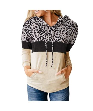 Bigfanshu Woman Plus Size Tops Casual Long Sleeve Hooded Printed Leopard Top Blouse Sweatshirt Sweater Beige