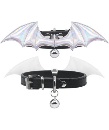 Adjustable Leather Cat Collar with Bell and Bat Wing Design - Silver Black - 8-10.4 Inches - Buy Online on GoSupps.com