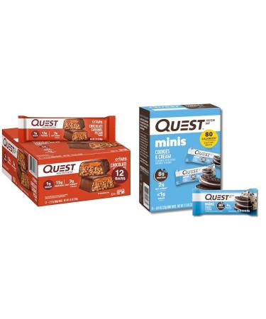 Quest Protein Bars Bundle - Chocolate Caramel Pecan Hero Bars (15g Protein 12 Count) and Cookies & Cream Mini Bars (14 Count)