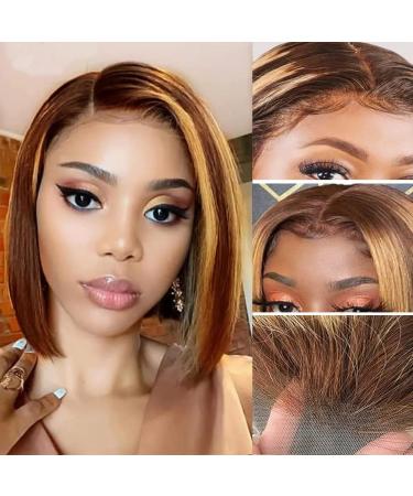 Highlight Ombre Bob Wig Human Hair 13x4 HD Lace Frontal Pre Plucked with Baby 180% Density Blonde Front Wigs P4/27 Color Brown Honey bob for Black Women 10inch 10 Inch 4/27 Highlight Ombre