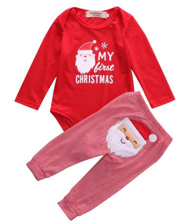 Geagodelia My First Christmas Newborn Toddler Baby Girl Boy Outfit Clothes Long Sleeve Romper Santa Claus Pants Pajamas Set Red 6-12 Months