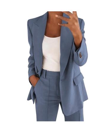 Women 2 Piece Casual Outfit Classic Notched Lapel Double Breasted Blazers Jackets Straight Leg Trouser Pants Suit Sets 1738-sasnx-blue#2 L