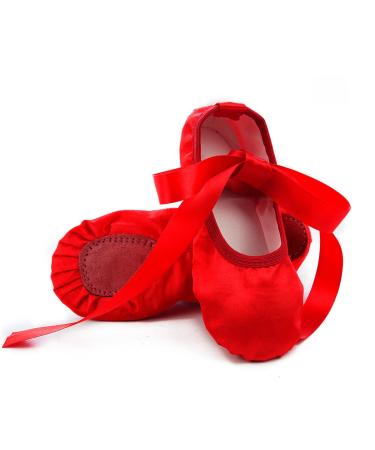 iCKER Girls Pink Ballet Dance Shoes Split Sole with Satin Ballet Slippers Flats Gymnastics Shoes BA01(Toddler/Little Kid/Big Kid) 10 Toddler Red