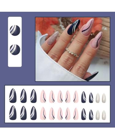 Justotry 24pc Almond Fake Nails Short Pink French Press On Stiletto Nails with Gold Swirl Acrylic Fingernails for Women - Buy Online on GoSupps.com