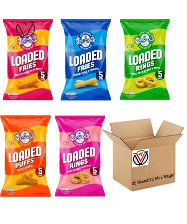 Sea brok Salt & Vinegar Cream & Onion Cheese & Bacon Nacho Cheese & Prawn Cocktail Loaded Rings Fries & Puffs Crisps 5 pack - 5 Mixed Bags(25 Mini Bags) | VIMIX