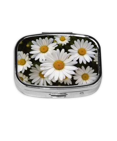 Daisy Flower Printing 2 Compartment Small Pill Case Cute Small Pill Box Purse Pill Boxs Travel Pill Organizer for Pocket Purse and Travel Gifts