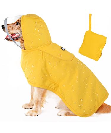SlowTon Dog Raincoat, Adjustable Dog Rain Jacket Clear Hooded Double Layer, Waterproof Dog Poncho with Reflective Strip Straps and Storage Pocket for Small Medium Large Dogs(L) Large Yellow