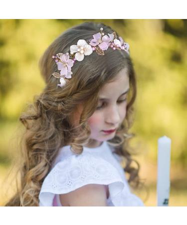 IYOU Flower Girl Headpiece Purple Pearl Princess Headband for Wedding Leaf Floral Crystals Frist Communion Hair Accessories Prom Birthday for Girls (Gold) - Buy Online on GoSupps.com