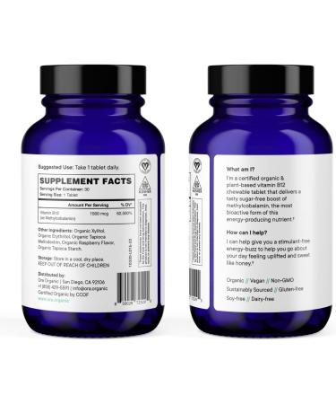 Ora Organic Vitamin B12 1500mcg - Plant-Based Methylcobalamin Energy Tablets - Raspberry Flavor - 30 Chewable Tablets - Buy Online on GoSupps.com