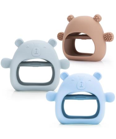 Baby Teether Toy for Infants 3+ Months  Bear BPA Free Anti-Drop Silicone Mitten Teething Toy for Soothing Pain Relief  Silicone Mitten Teether for Sucking Needs (Blue Brown Green)