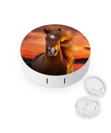Brown Horse Round Case For Contact Lens Kit Storage Box with Mirror Printed