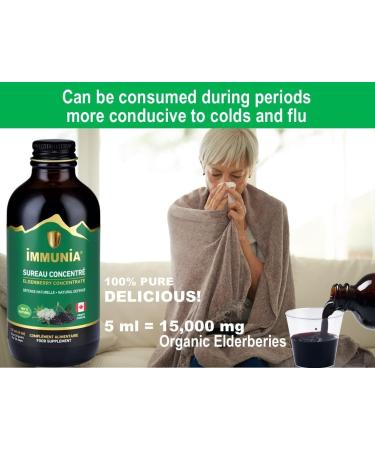 Elderberry Syrup for Adults IMMUNIA. Elderberry Concentrate with Elderflower Thyme and Peppermint. No Sugar Added. Delicious Taste. 24 Days/Bottle - Buy Online on GoSupps.com