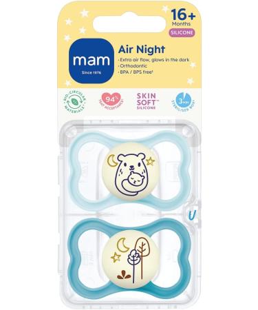 MAM Air Night Soothers 16+ Months (Pack of 2) Glow in the Dark Baby Soothers with Self Sterilising Travel Case Newborn Essentials Blue (Designs May Vary) Blue Night 1 12+ M Soother - Buy Online on GoSupps.com