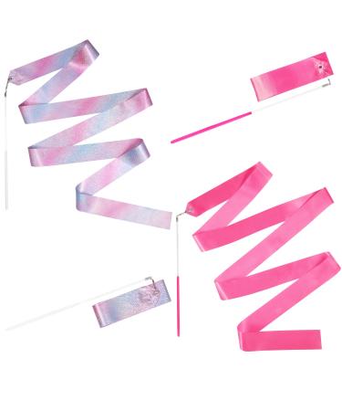 KINBOM 2pcs Dance Ribbons, 2m Kids Long Gymnastics Ribbon Twirling Ribbons Dancing Ribbon Streamers for Artistic Dance Training Party, with Ribbon Dancer Wand (Pink + Sparkling)
