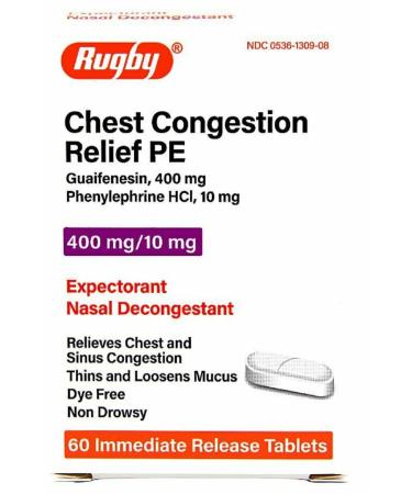 Rugby Chest Congestion Relief PE Guaifenesin 400 mg/Phenylephrine HCl 10 mg Expectorant Nasal Decongestant Relieves Chest & Sinus Congestion - 60 Immediate Release Tablets - Buy Online on GoSupps.com