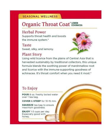 Traditional Medicinals Organic Throat Coat Lemon Echinacea Herbal Tea - 32 Tea Bags - Buy Online on GoSupps.com