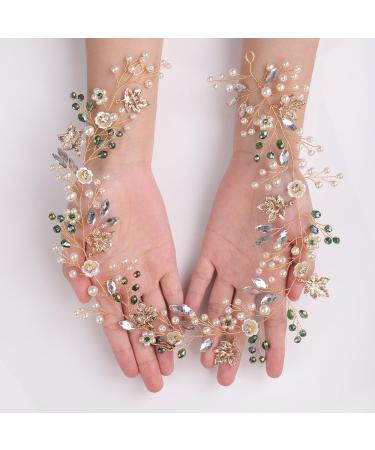 Chargances Handmade Green Rhinestone Headband Floral Gold Leaf Hair Vine Wedding Crystal Long Hair Piece Tiara Bridal Hair Accessories for Women and Girls - Buy Online on GoSupps.com