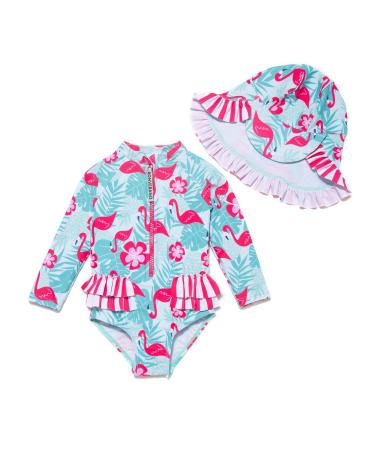 BONVERANO Baby Girls Swimsuit Toddler Bathing Suit Long-Sleeve Zipper One Piece Swimwear with UPF 50+ Sun Protection 9-12 Months Flamingo 2