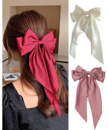 ZEVONDA Pack of 2 Big Bow Hair Clips - Solid Color Large Bowknot Hairpin Hair Clip with Long Silky Satin Tail Hair Barrettes Accessories for Girls Women Milky White + Pink Milky White + Pink (2PCS) - Buy Online on GoSupps.com