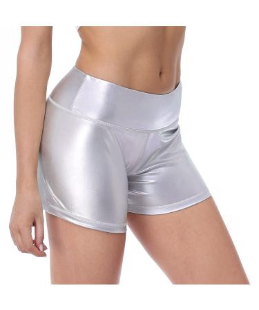 HDE Shiny Metallic High Waisted Rave Shorts Festival Disco Dance Workout Shorts Small Space Silver