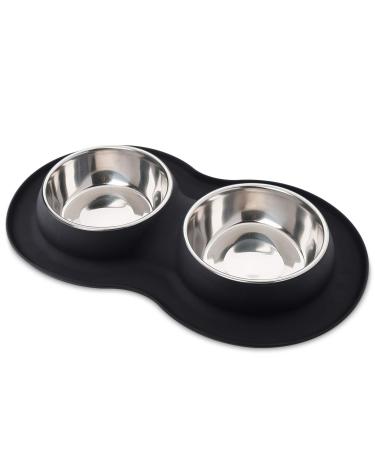 Roysili Double Dog Bowl Pet Feeding Station, Stainless Steel Water and Food Bowls with Non Skid Non Spill Silicone Mat, Premium Quality Dog Bowl Holder for Mini Small Medium Dogs Cats Puppy Small BLACK