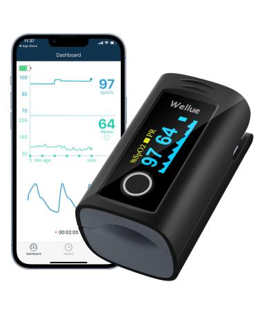 Wellue Bluetooth Pulse Oximeter Fingertip PC-60FW, Blood Oxygen Saturation Monitor with Free APP, Batteries, Carry Bag & Lanyard