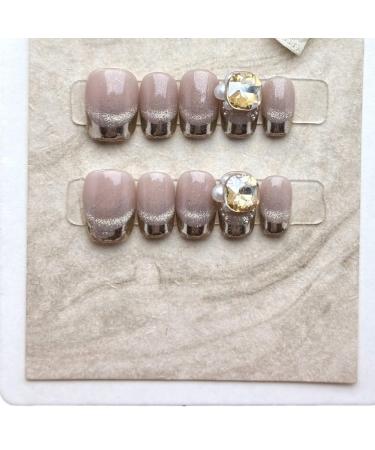 Handmade wearing nail patches short square round fantasy purple cat eyes French diamond fake nail patches nail enhancement (Size : M)