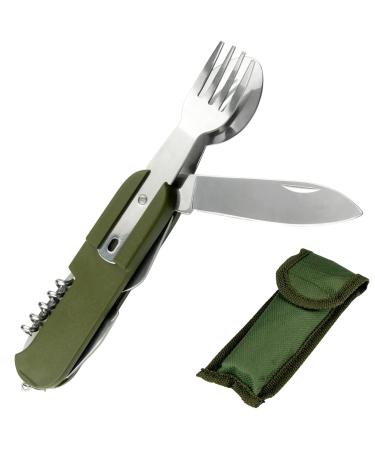 Stainless Steel Kitchen Utensil Set 7-in-1 Folding Tableware (Fork/Knife/Spoon/Bottle Opener) for Camping Backpack Picnic Cutlery Set Camp Knife Metal Working Tools and Equipment Utensil Tool Kit Green