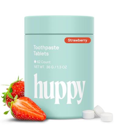 HUPPY Toothpaste Tablets Nano Hydroxyapatite - Natural Whitening Fluoride Free and Remineralizing - Travel Tabs Strawberry Flavor 62 Count 62 count w/ a refillable jar