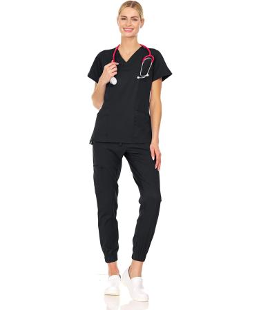 MediChic Mini Marilyn Women's Joggers Scrub Set - Black Large | Stretch Flex V-Neck Nursing Scrubs - Buy Online on GoSupps.com