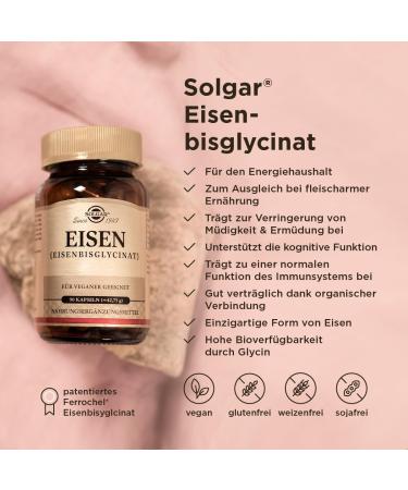 Solgar Iron 20 mg - Stomach-Friendly Iron Bisglycinate | 90 Vegan Capsules | 3-Month Supply | International Shipping - Buy Online on GoSupps.com
