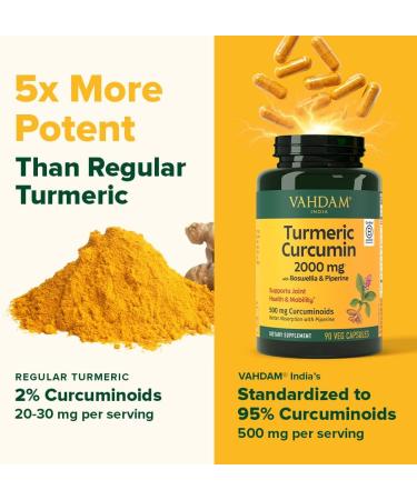 VAHDAM Turmeric Curcumin 2000mg (500mg Curcuminoids) with Boswellia & Piperine for Fast Absorption | Supports Joint Health and Mobility | 90 Capsules (Pack of 3) - Buy Online on GoSupps.com