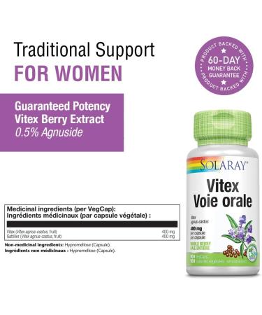 SOLARAY Vitex Berry 400mg | PMS Herbal Support | Vitex Agnus-Castus Whole Berry | Dietary Supplement | Vegan Lab Verified | 100 Vegetarian Capsules - Buy Online on GoSupps.com