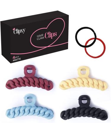 CLIPXY Premium Claw Clips Set of 6 Pcs Hair Claw Clip with Hair Bands Sturdy and Durable Hair Clips Women 4.3 Inch Matte Coated Large Hair Clips Bundle for Thick Hair Women for Everyday Wear Wavy Claw