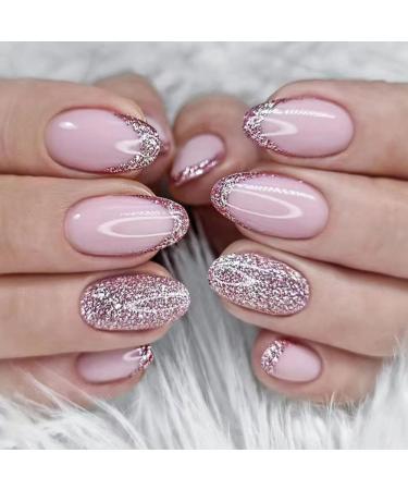 24PCS Short False Nails with Glue Stickers Ellipse Full Cover Acrylic Nails Press on Nails no Glue Pink Glitter French Fake Nails Stick on Nails for Women and Girls Nail Art