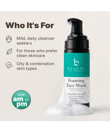 Beauty by Earth Foaming Face Wash Cleanser Natural & Organic Ingredients Vegan Facial Wash Gentle Daily Cleanser for Sensitive Oily & Acne Prone Skin Made in USA Peppermint Tea Tree 4.2 Fl Oz (Pack of 1) - Buy Online on GoSupps.com
