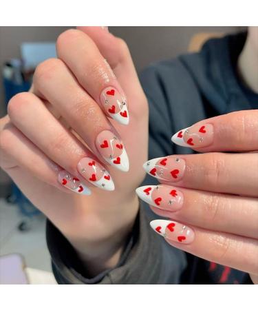 JUSTOTRY 24 Pcs Short False Nails Stiletto with Red Heart White French Press on Nails Pattern Fake Nails Short with Nail Glue Almond Medium Stick on Nails for Women Nails Fake Nail for Nails Art white&heart 2 - Buy Online on GoSupps.com