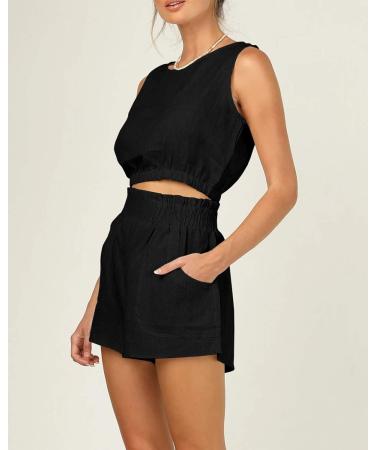 Eurivicy Women's Sleeveless Crop Tank Top and High Waist Pocketed Shorts Set - Black, Medium - Buy Online on GoSupps.com