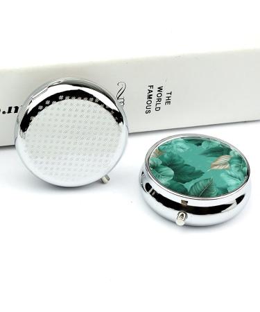 Round Pill Box with Turquoise Green Leaves | 3 Compartment Decorative Metal Pill Organizer | Portable Pocket Case - Style-2 - Buy Online on GoSupps.com
