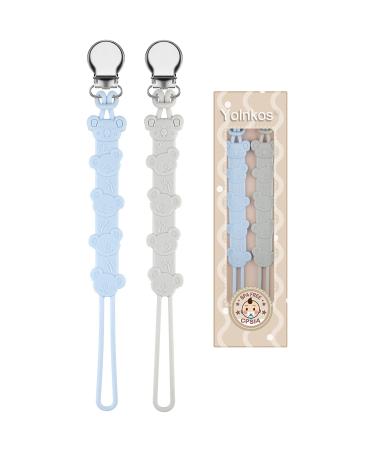 Pacifier Clip Baby Boys Girls Paci Holder Toys Soothie Binky Clips One Piece Design Soft Flexible with Texture Pack of 2 Set (Blue Grey) D (Blue Grey)