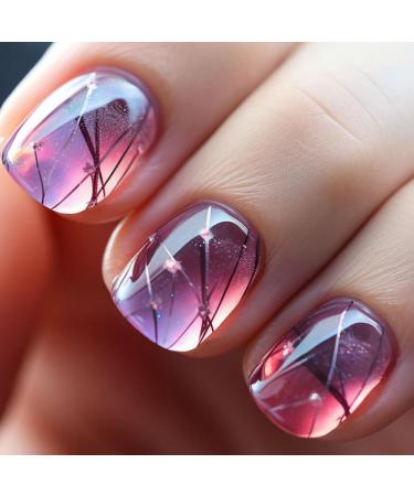24Pcs Short Press on Nails Gradient Fake Nails Square False Nails with Halo Dyed Lines Designs Acrylic Nails Full Cover Glue on Nails Reusable Artificial Nails Stick on Nails for Women and Girls A2