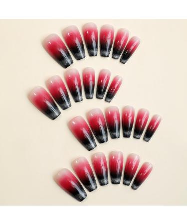 Justotry 24 PCS Black Coffin Nails | Burgundy French Press Glossy Artificial Nails for Women | Nail Art & Design 11 Red & Black - Buy Online on GoSupps.com