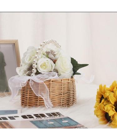 Wicker Rattan Flower Girl Basket with Pearl Handle and Bow Hand Woven Wicker Basket Candy Basket with Ribbon for Wedding - Buy Online on GoSupps.com