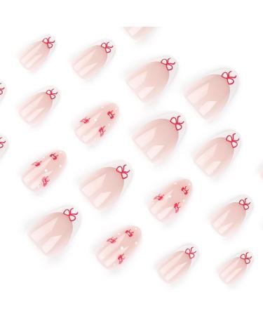 French Tip Press on Nails - Short Press On Nails with Nail Tips Red bowknot false nails almond shaped Design press on nails Acrylic False Nails Cute Artificial Nails - Buy Online on GoSupps.com